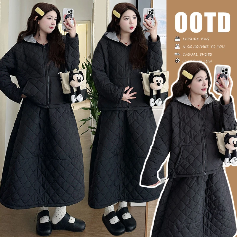 高级感休闲孕妇秋冬季2025新款韩版通勤时尚连帽夹棉服保暖两件套