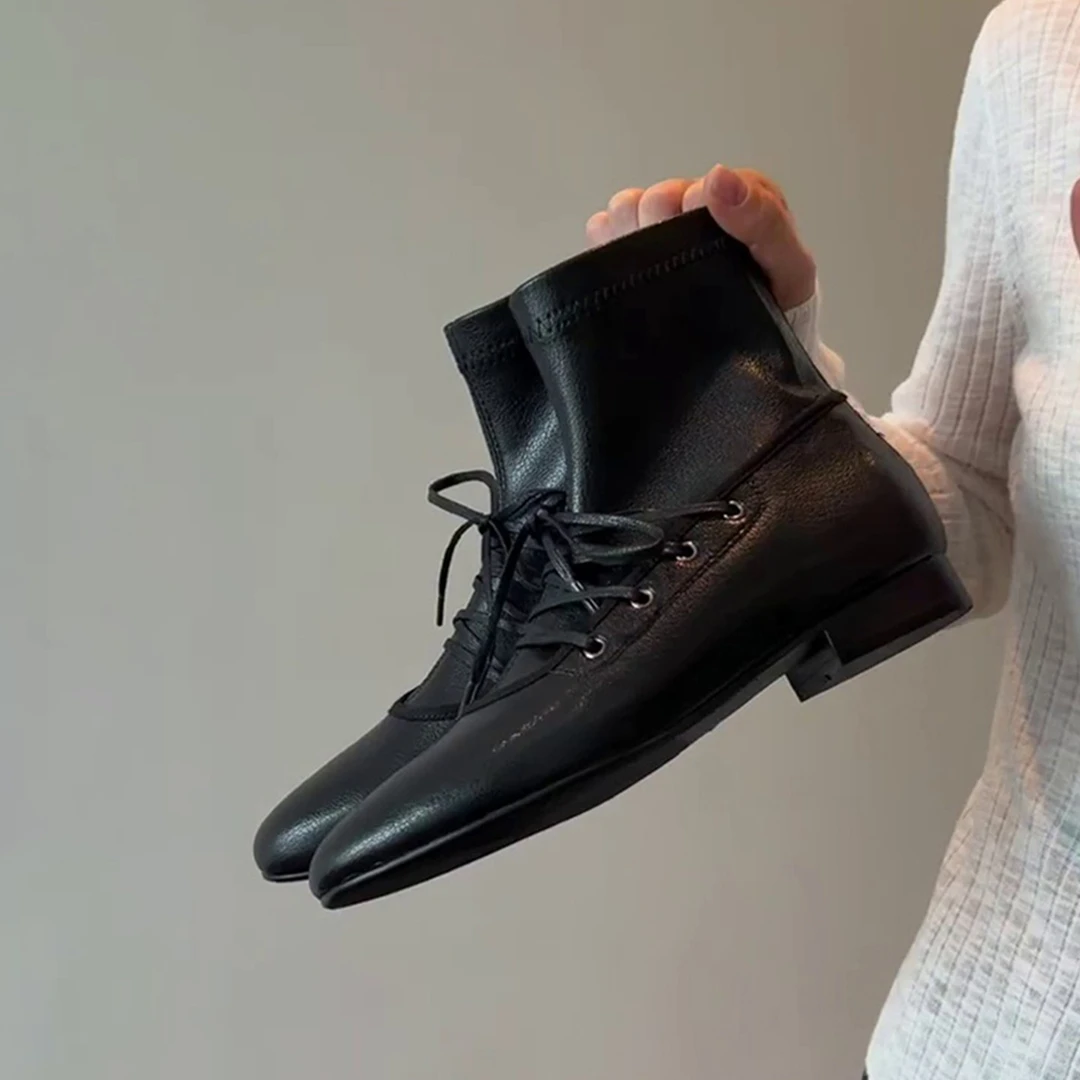 牛皮版~圆头复古系带马丁靴显瘦弹力短靴女百搭低跟瘦瘦靴小裸靴