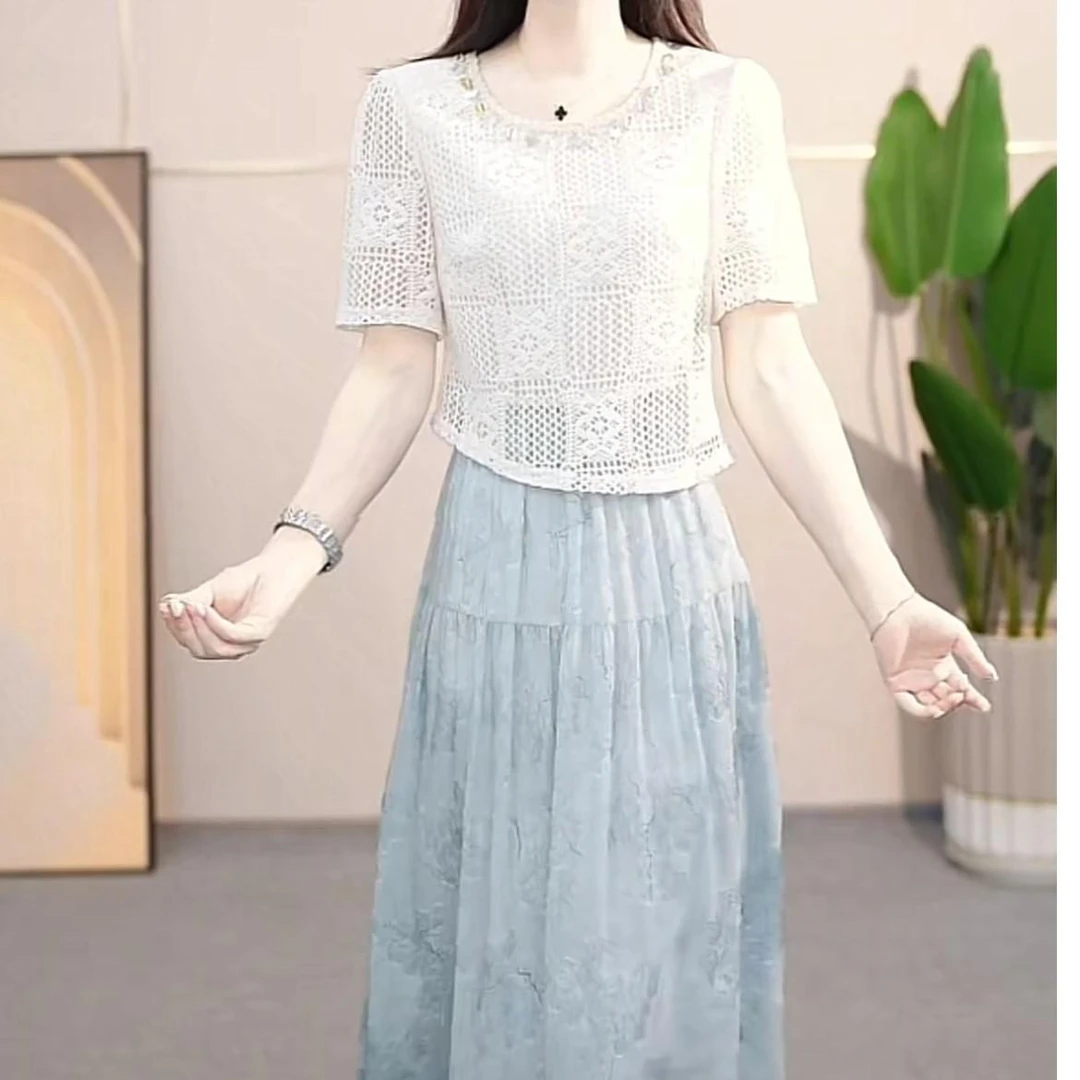 2025夏季新款穿搭假两件韩系百搭气质时尚洋气减龄遮肉显瘦连衣裙