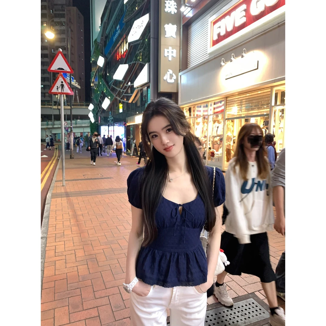 韩系时尚系带泡泡袖设计感短袖T恤女夏季芭蕾风减龄低领显瘦上衣