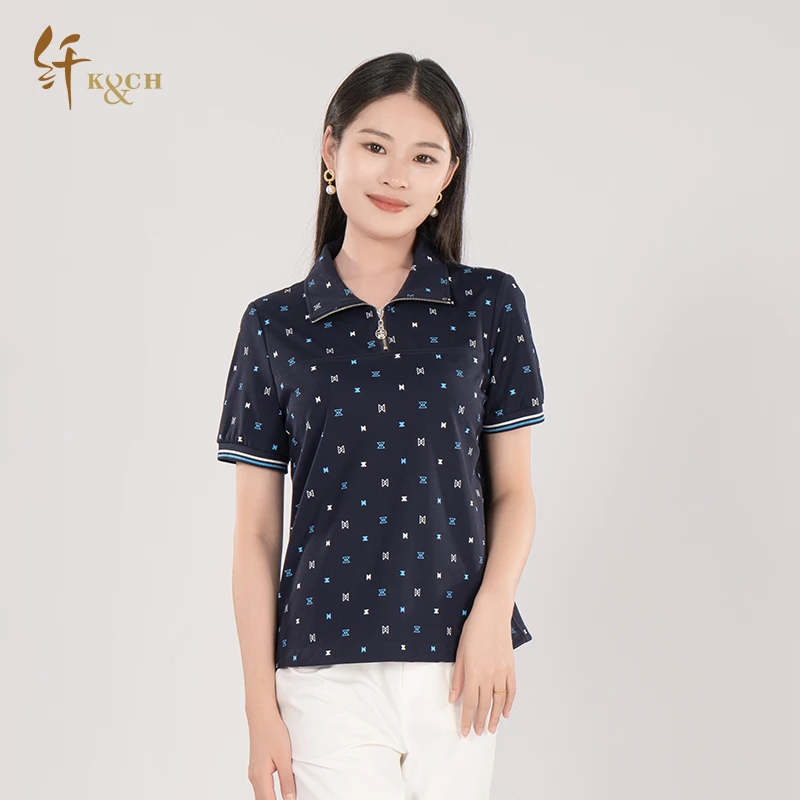 K&CH纤牌女装/2025夏新款印花修身短袖POLO衫女T恤上衣8462T910G1