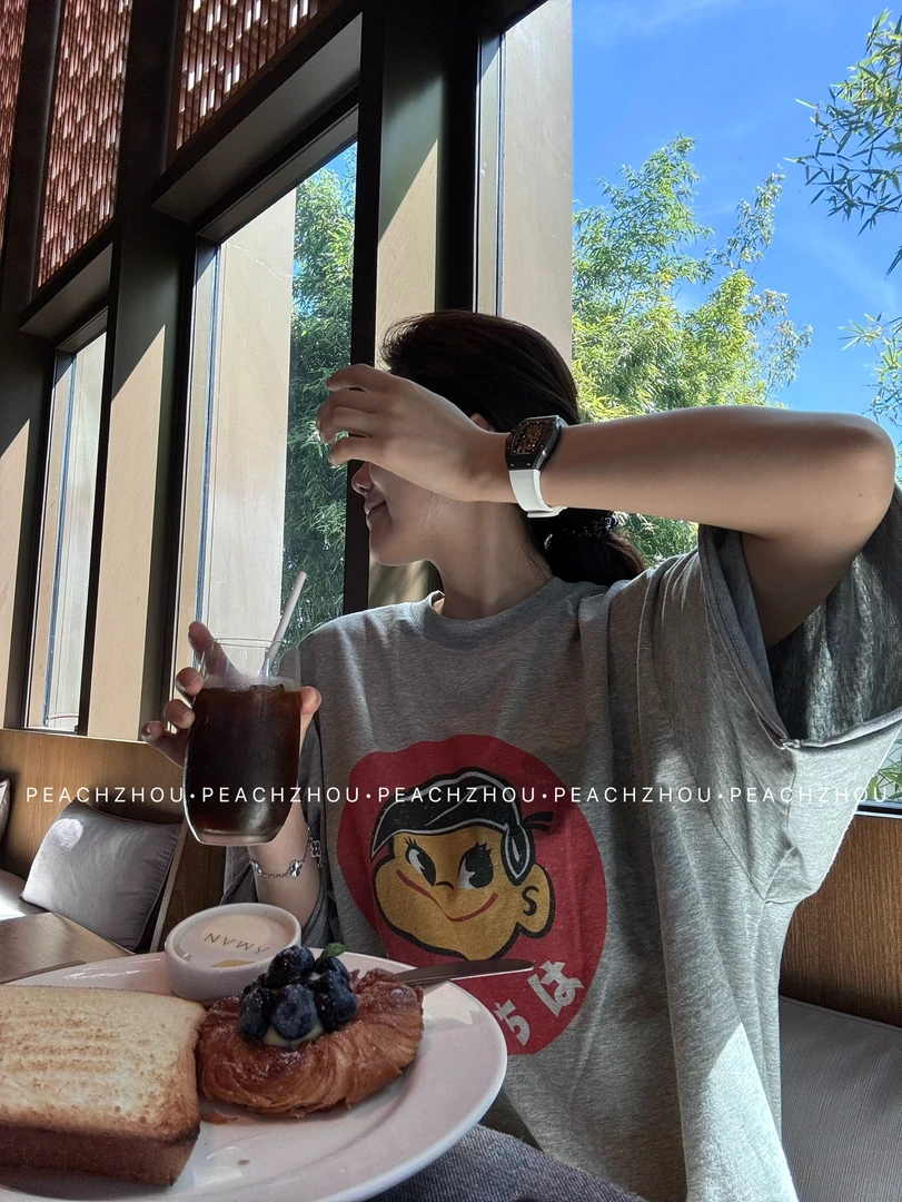 『PEACHZHOU』卡通'不二poko'印花宽松圆领短袖美式休闲减龄中性T恤