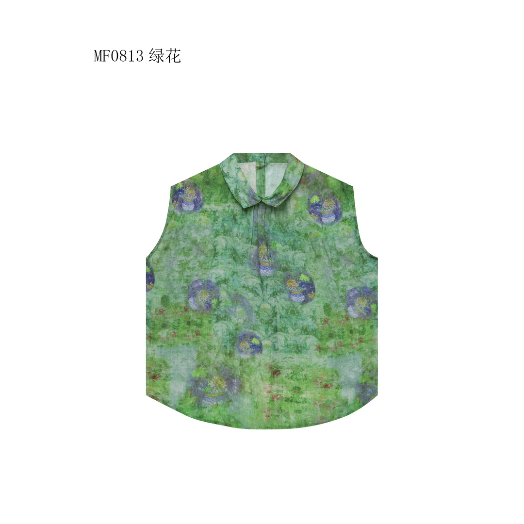 【麻訪家】MF0813绿花文艺印花气质不规则百搭坎肩上衣