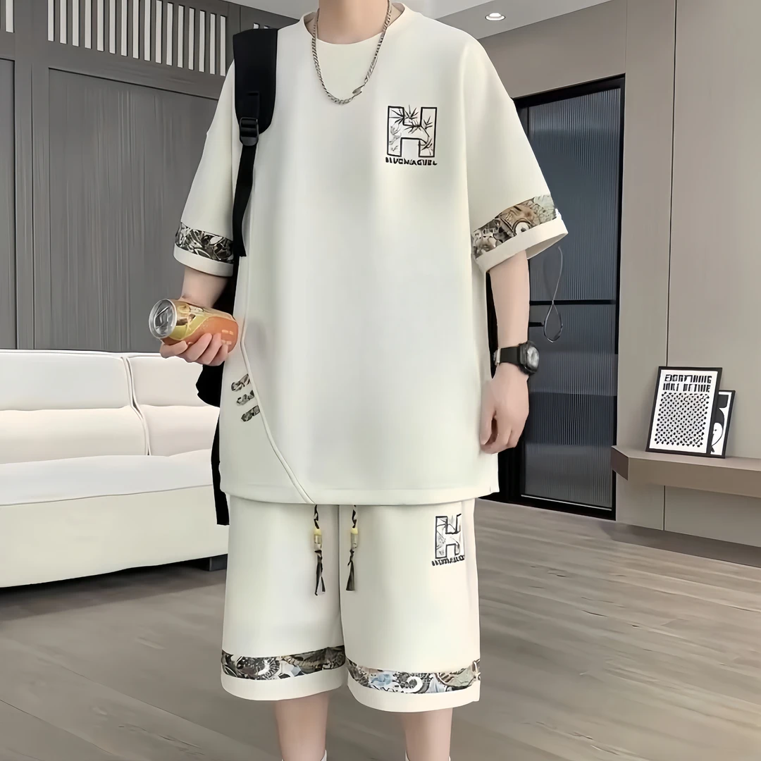 休闲运动男士套装2025年夏季新款宽松大码短袖短裤时尚百搭两件套