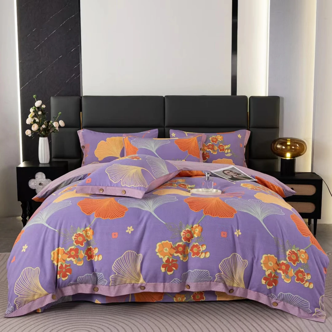 【好温馨专享】 轻奢色织双层纱亲肤四件套-银杏叶-紫