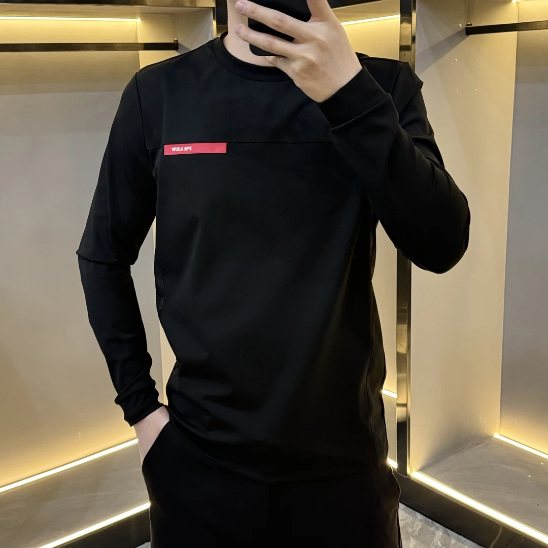 男士春季黑色纯色长袖时尚休闲百搭卫衣修身商务休闲胸前红色字母