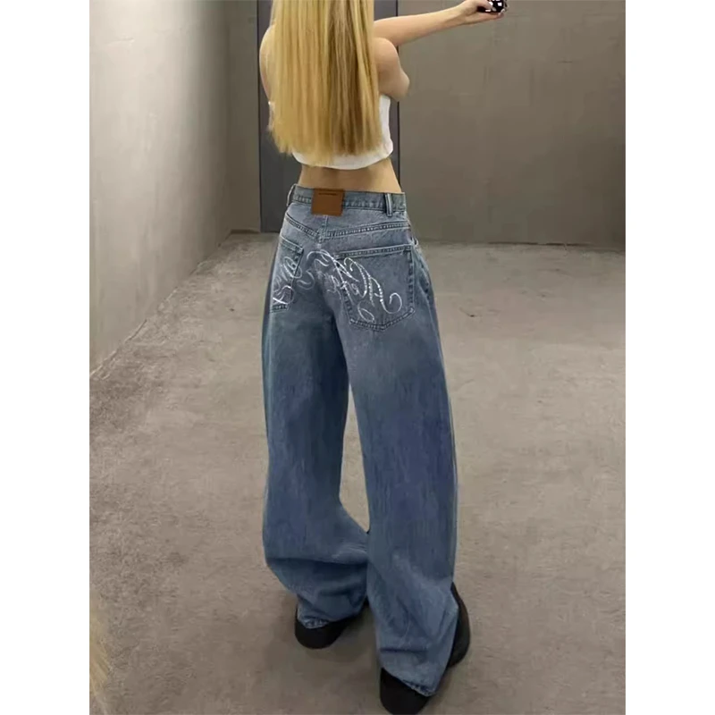 微胖mm设计感高街bf慵懒风牛仔裤女秋季新款辣妹字母印花阔腿长裤