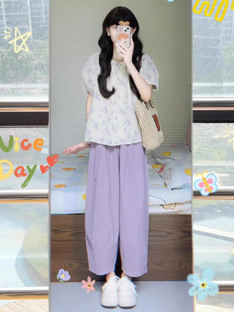 夏季女装搭配一整套梨形身材松弛感穿搭韩系chin阔腿裤时尚套装裤