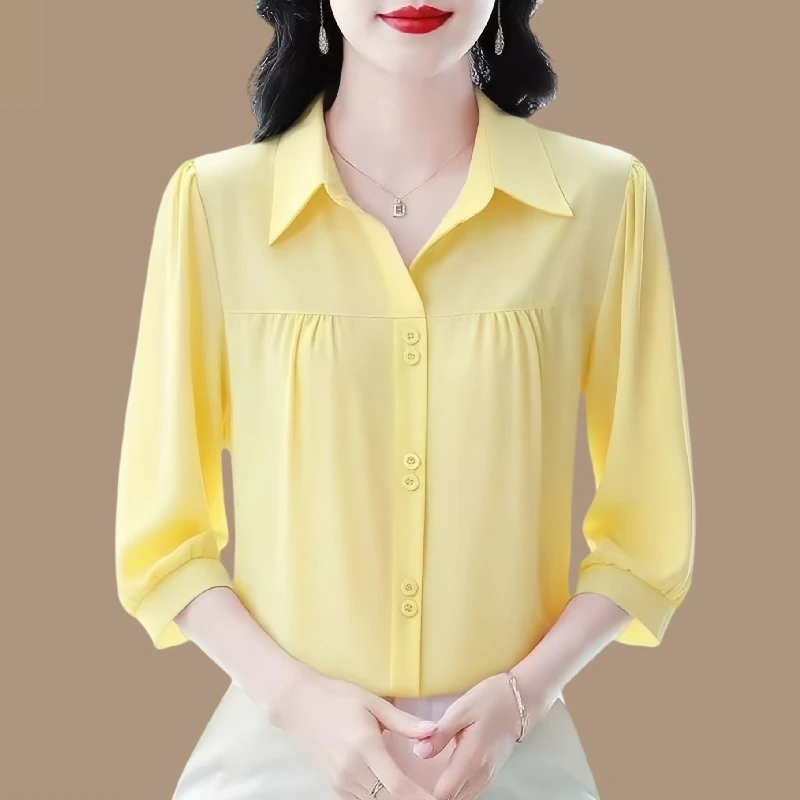 夏季薄款七分袖雪纺套头小衫洋气显瘦百搭气质高档妈妈装上衣女士