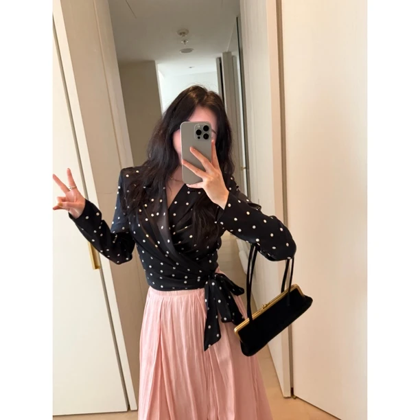 YJR黑波点粉闪光 法式气质显瘦时尚百搭休闲套装YJR982