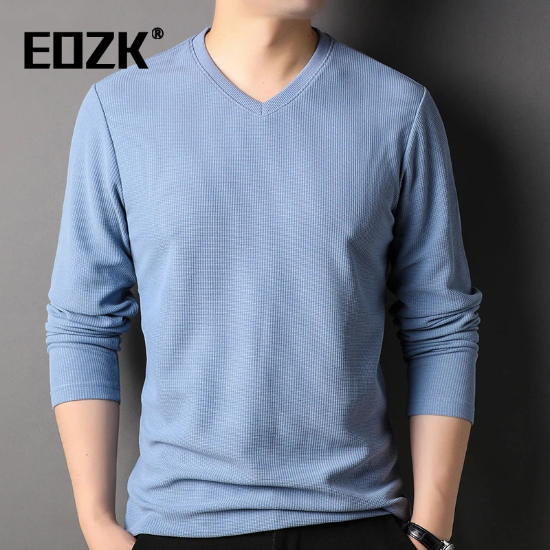 Eozk时尚都市休闲长袖T恤男2025秋季新款v领简约舒适中年男士内搭