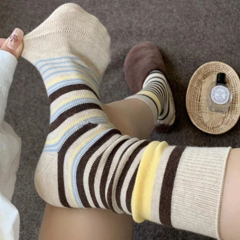 韩版复古森系美拉德撞色条纹袜子女透气秋冬勃肯鞋双针袜子女秋冬