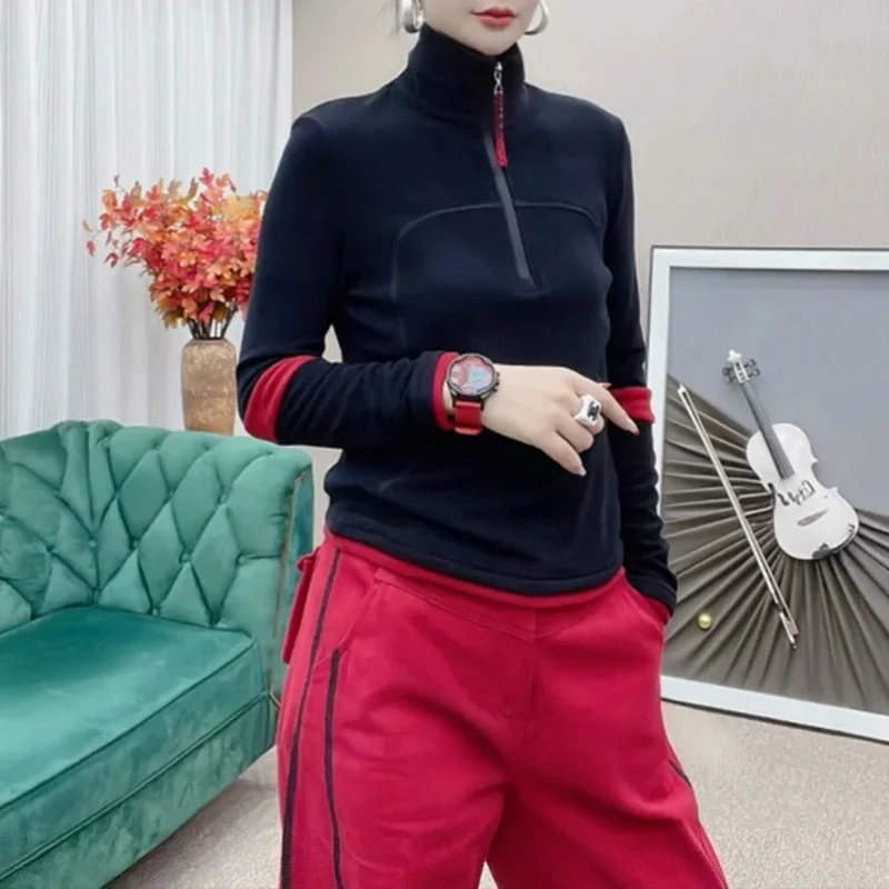 2025秋冬新款休闲时尚百搭双面澳绒长袖T恤女保暖立领打底衫上衣