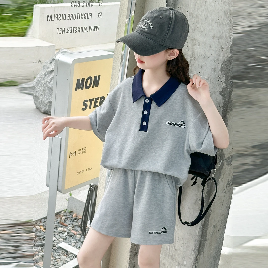女童POLO衫短裤套装2025夏季新款大儿童纯色针织休闲裤短袖两件套