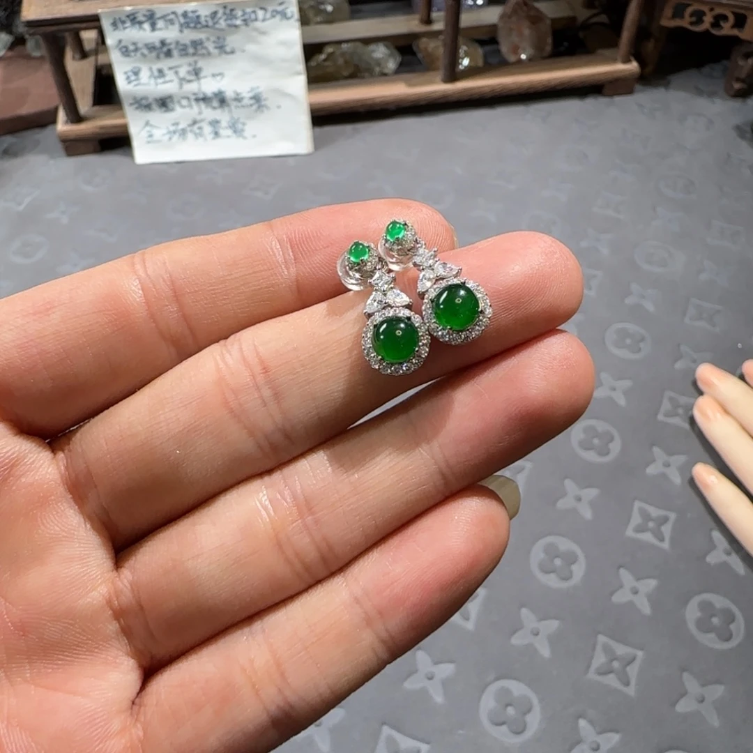 银S925镶嵌翡翠耳饰翡翠危料