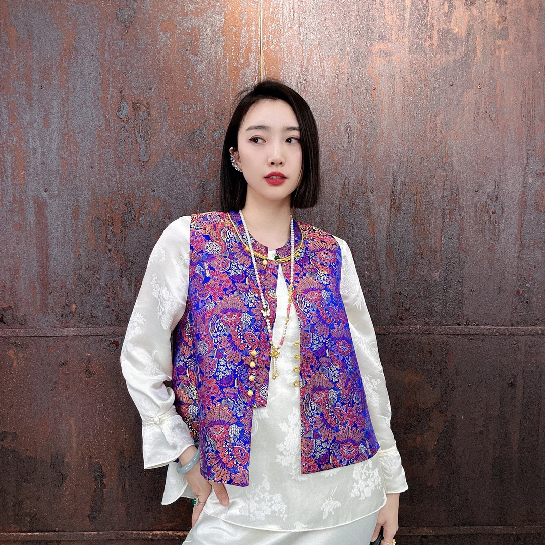 新中式国风时尚桑蚕丝女士宋锦圆领马甲无袖潮牌马夹HF-870094-11