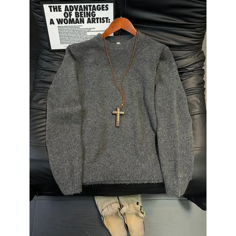 vintage针织圆领卫衣毛衣男秋冬韩系慵懒风高级感内搭套头上衣