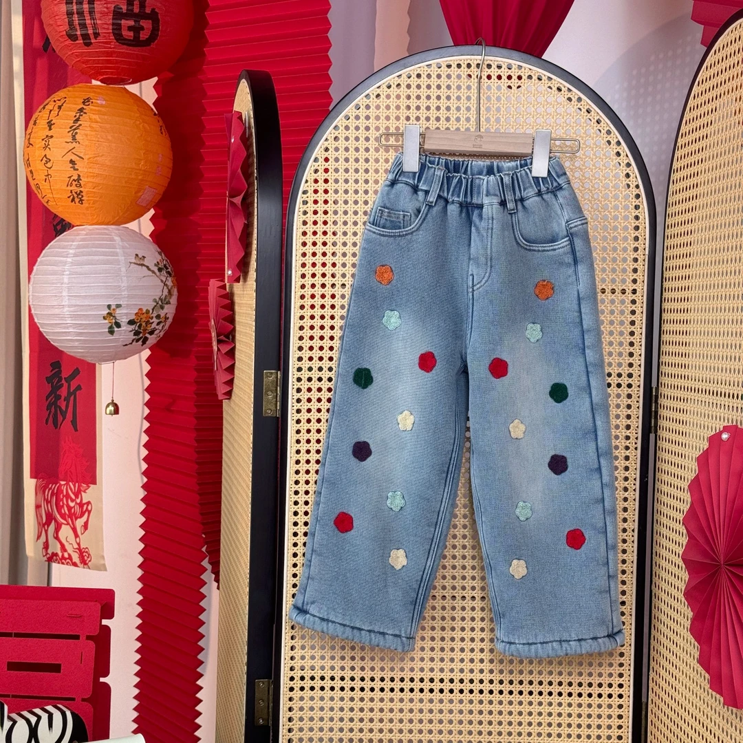 【专柜同款】冬季新款加绒儿童甜美小花朵休闲牛仔裤DGK57869