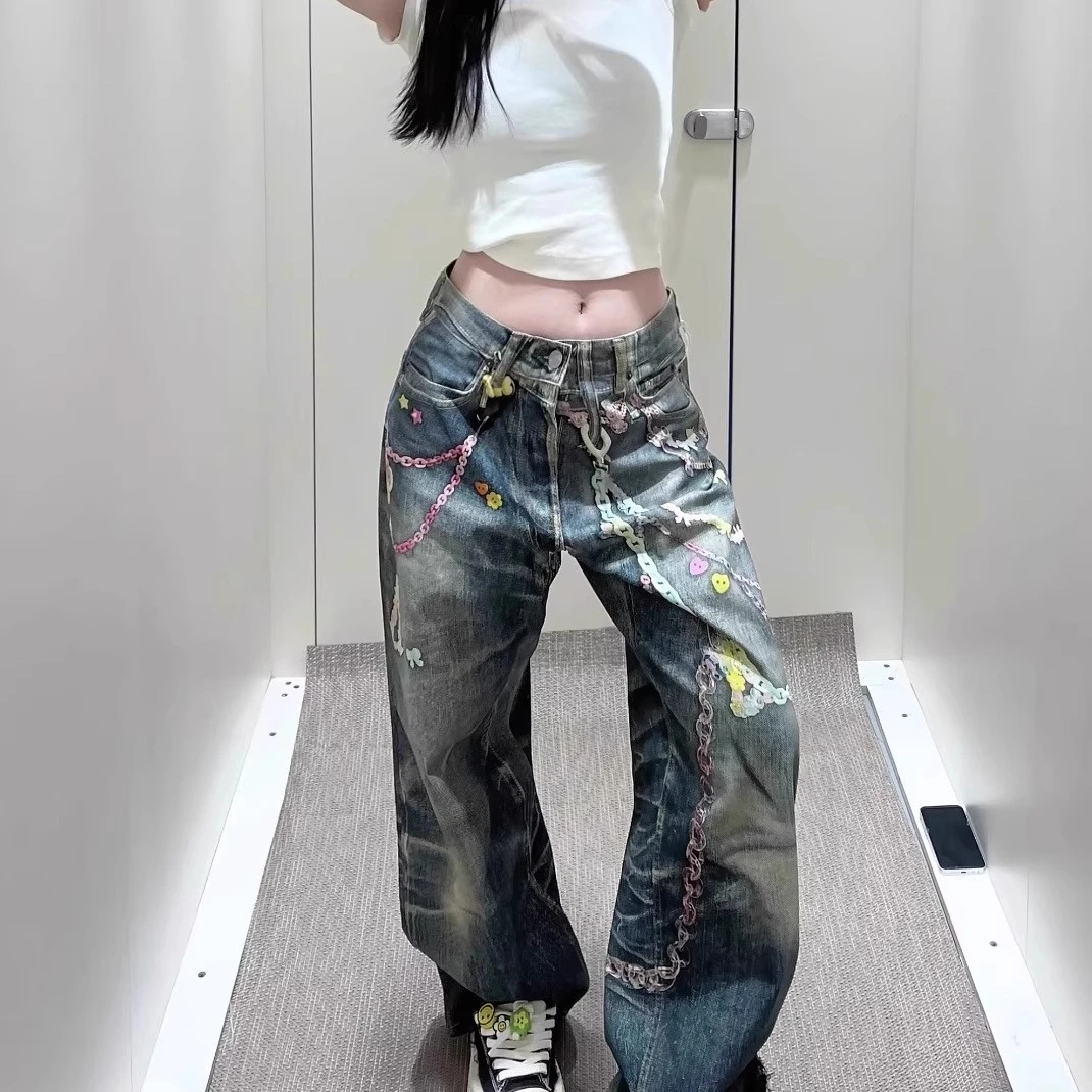 cora阔腿版型3D数码印花糖果链条男女款弯刀牛仔裤