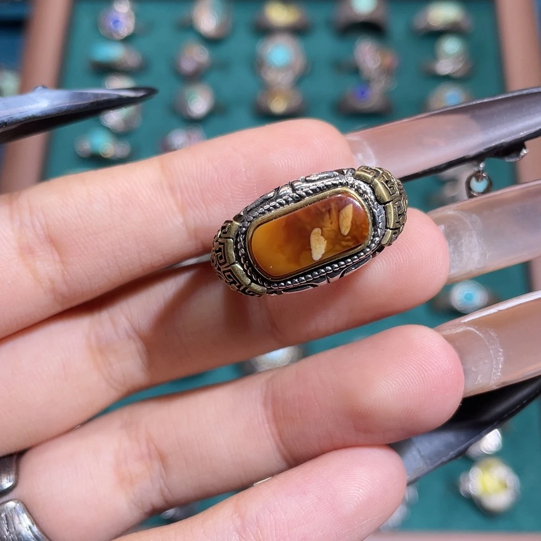 琥珀银S925镶嵌戒指