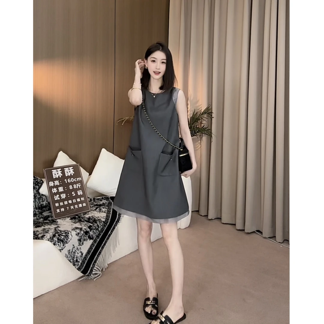 韩版灰色圆领背心连衣裙女设计感装撞色简约气质法式裙子