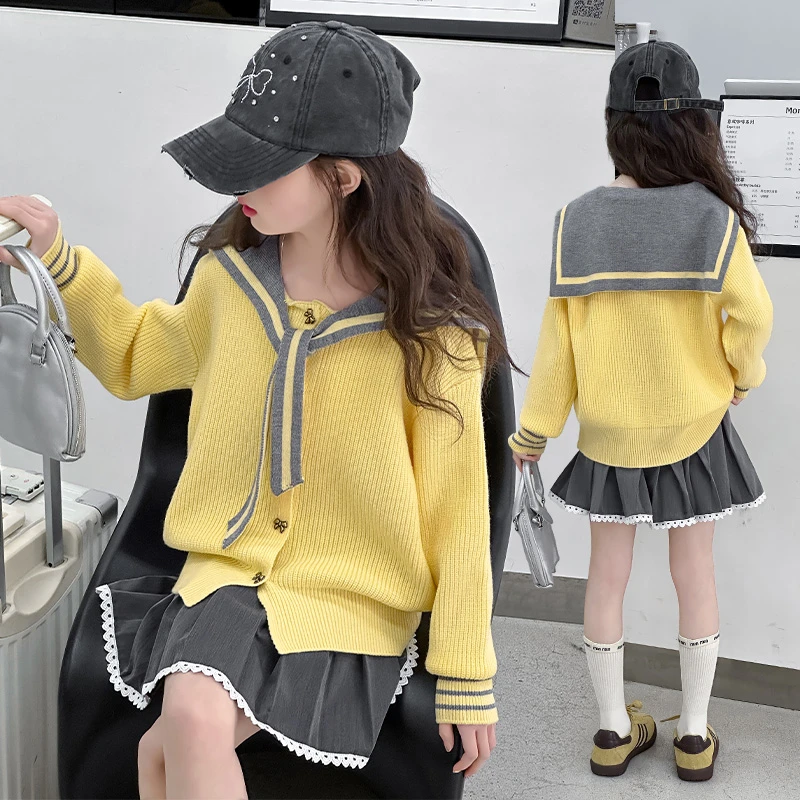 女童春装毛衣套装2025新款儿童洋气韩版学院风百褶裙两件套中大童
