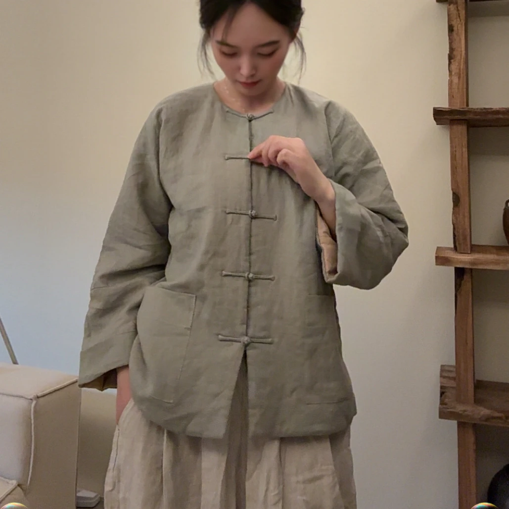 理理/ 古月四时原品中式古法剪裁汉麻加棉手工盘扣外套夹袄中式