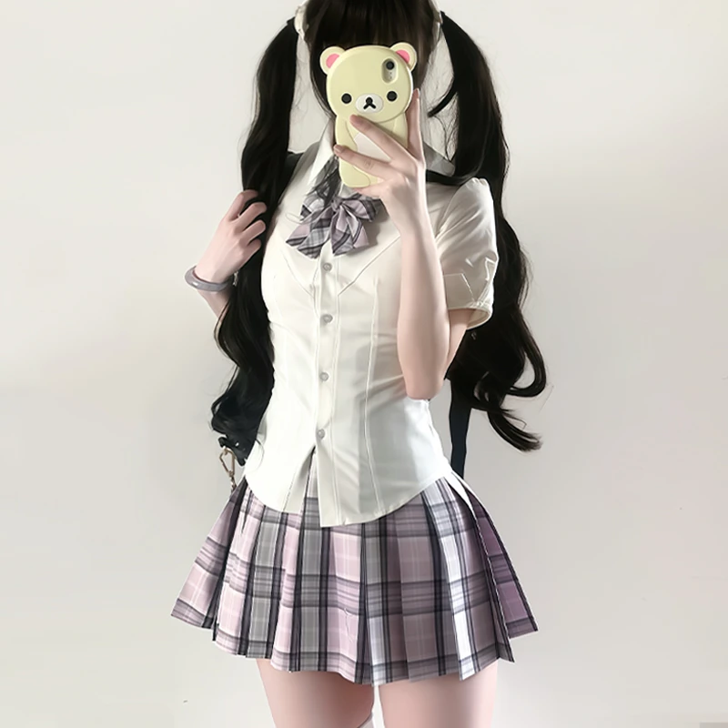梨谱熊收腰衬衫jk制服套装格裙女辣妹纯欲百搭显瘦校供白衬衫短裙