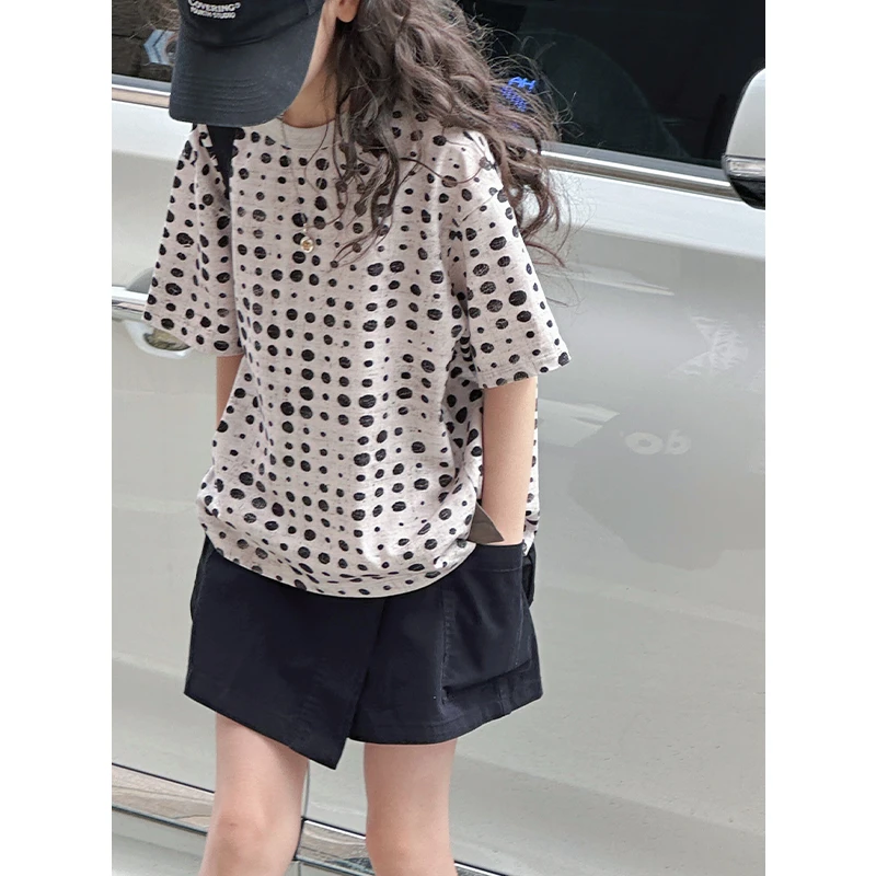K29067 满印圆点女童夏装短袖T恤2025新款女大童儿童宽松上衣服潮