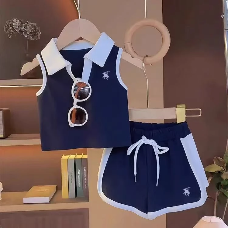 【学院风】韩版夏季女孩学院风套装无袖外穿女童时尚POLO领背心