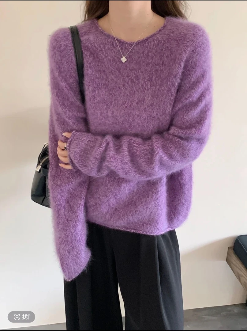 西西家 慵懒风百搭拉绒六股花纱圆领羊毛衫