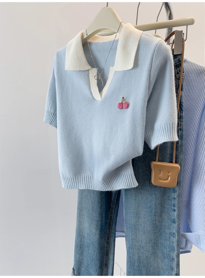 【80-180斤】撞色Polo领冰丝短袖T恤女夏季宽松显瘦刺绣减龄上衣