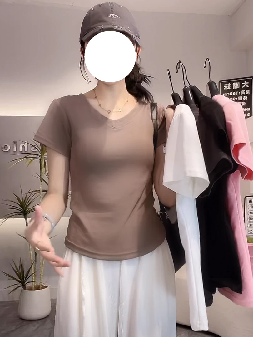 【心乐夏安】设计感纯欲夏季新款v领正肩短袖t恤女修身显瘦上衣