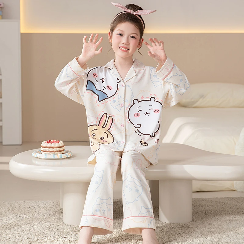 女童纯棉开衫睡衣套装春秋季纯棉儿童家居服儿童卡通可爱空调服