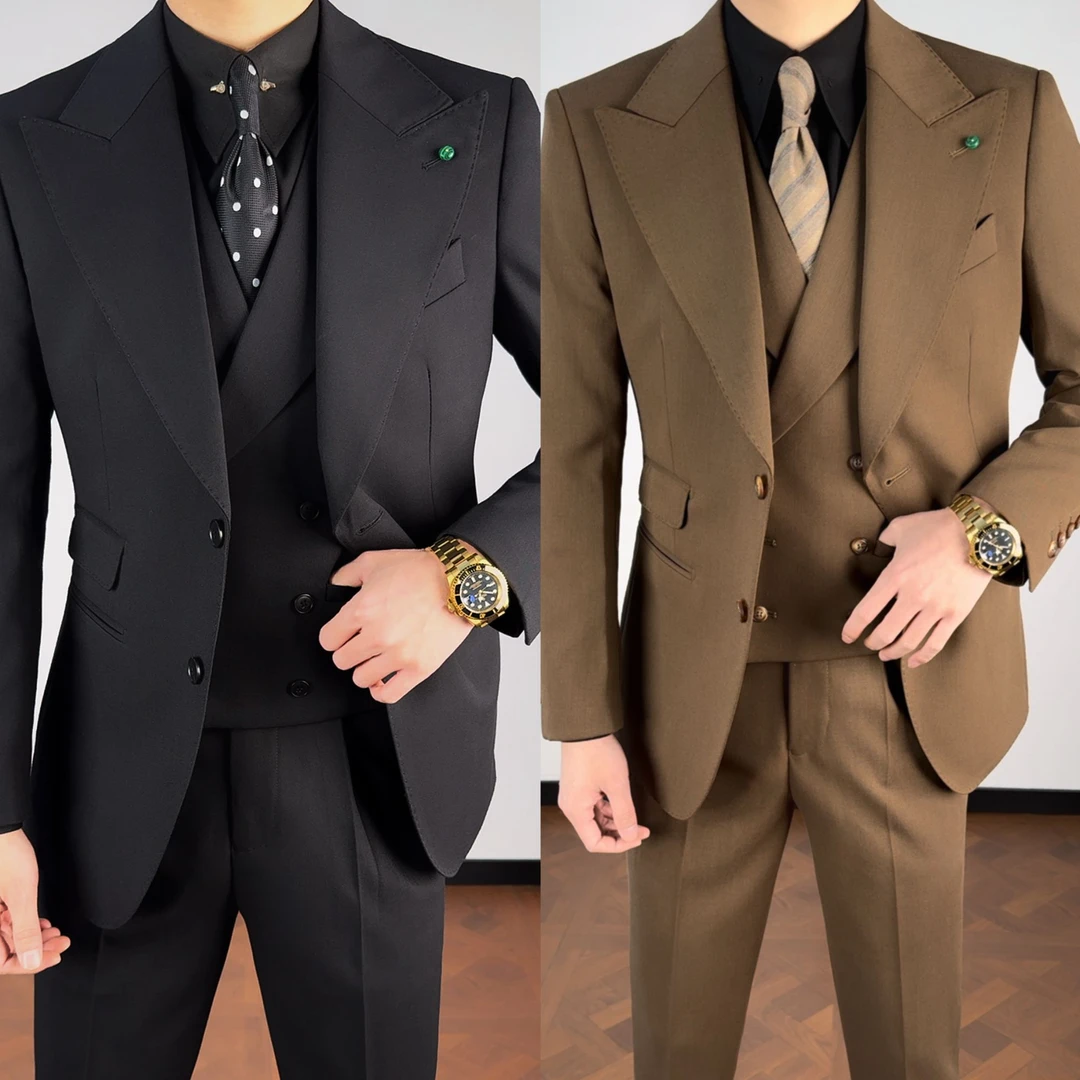 【西蒙曹】-英式高定版三件套男士戗驳领西服西装马甲套装三件套