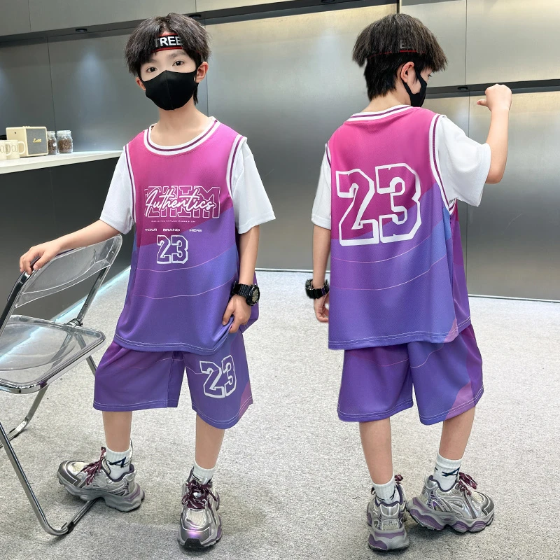 篮球服儿童夏季训练服中大童紫色套装无袖两件套男童套装帅气新款