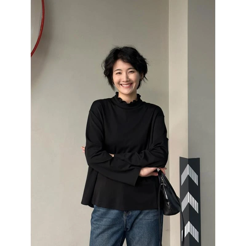 LANGQING 黑色花边领宽松显瘦百搭设计感上衣42736#