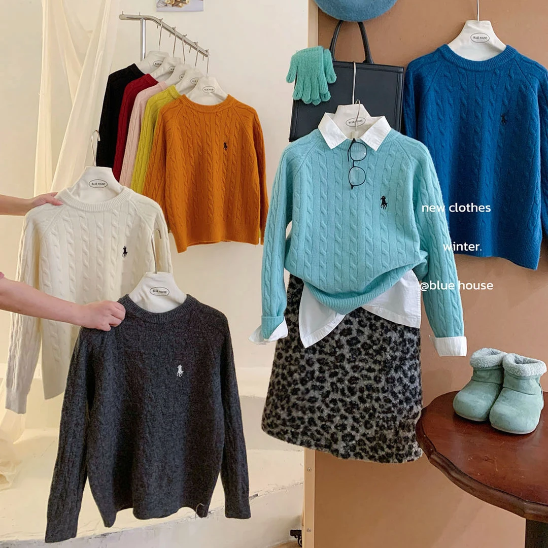 慵懒麻花刺绣套头毛衣针织衫女冬加厚可外穿内搭超韩色系打底上衣