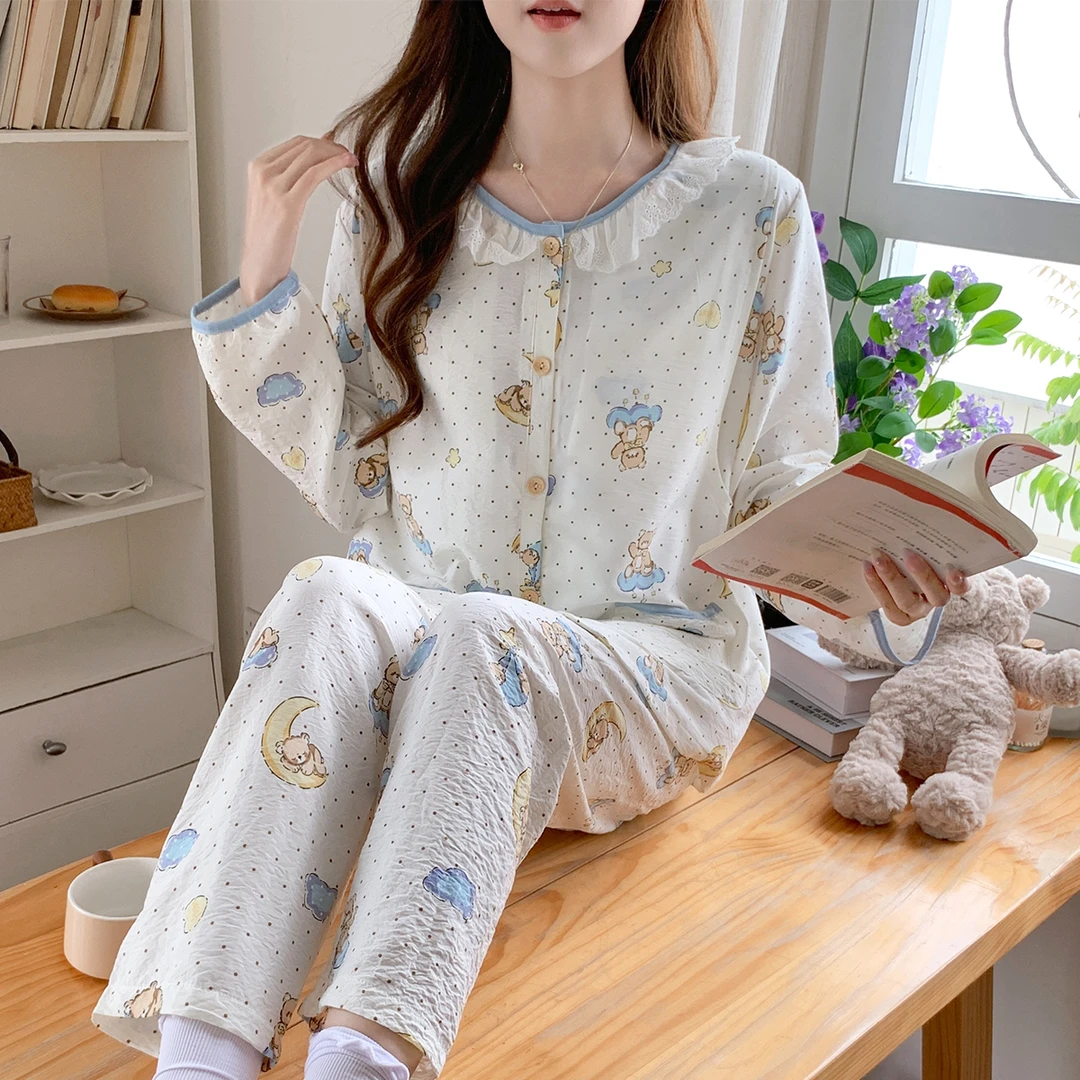 【夏季薄款云朵棉带胸垫】月子服纯棉产后哺乳睡衣孕妇喂奶家居服