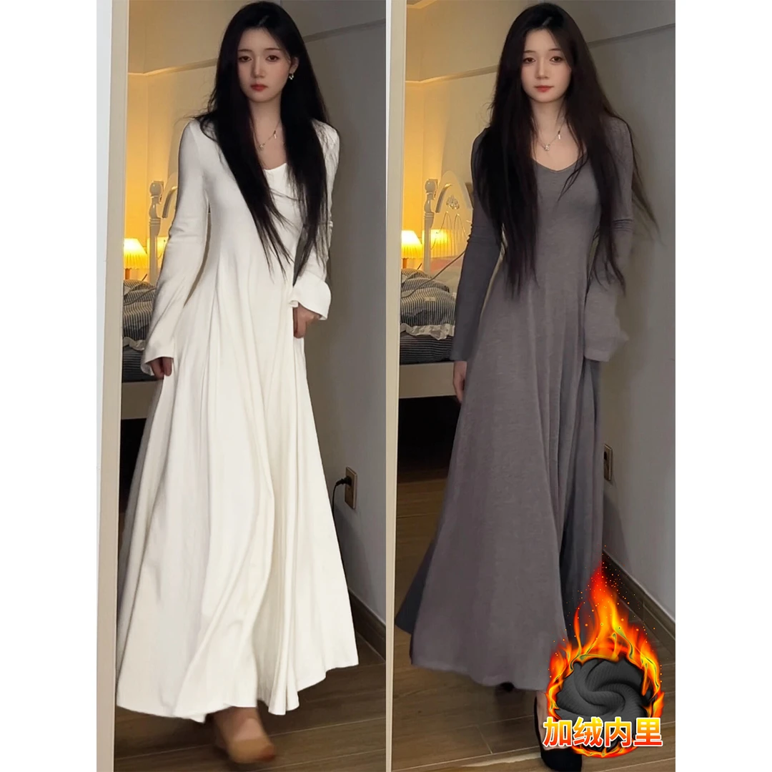 灰色加绒长袖针织连衣裙女冬季收腰梨型身材长裙子高级感大衣内搭