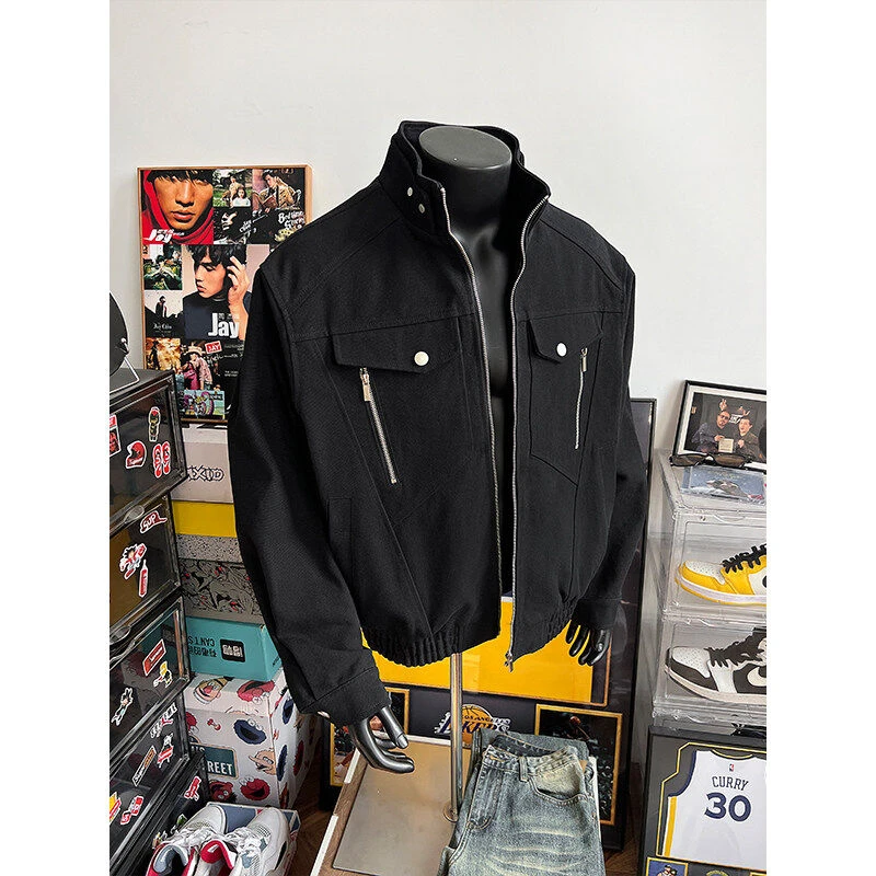 美式复古短款帆布外套男款潮牌重磅工装上衣春季新款立领休闲夹克