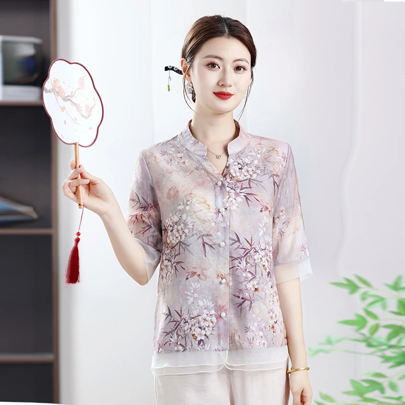 妈妈夏装新款洋气雪纺衫中老年女装中国风上衣两件套