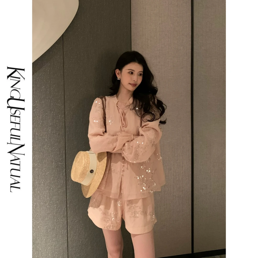 KUN【茱丽叶】掌上明珠 人鱼姬裸粉色调竖纹肌理精致小立领短裤套装