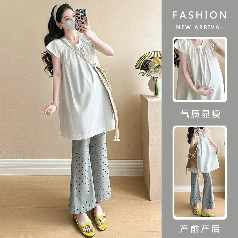 孕妇夏季套装2025新款韩版时尚宽松辣妈圆领上衣+波点弹力喇叭裤