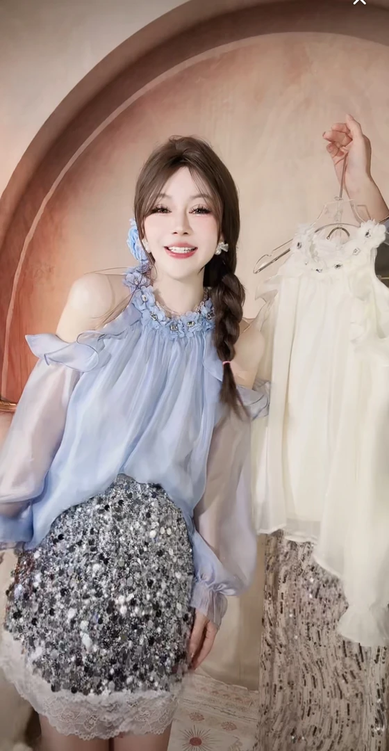 【崔】S0093 法式气质露肩长袖雪纺衬衫女早秋上衣