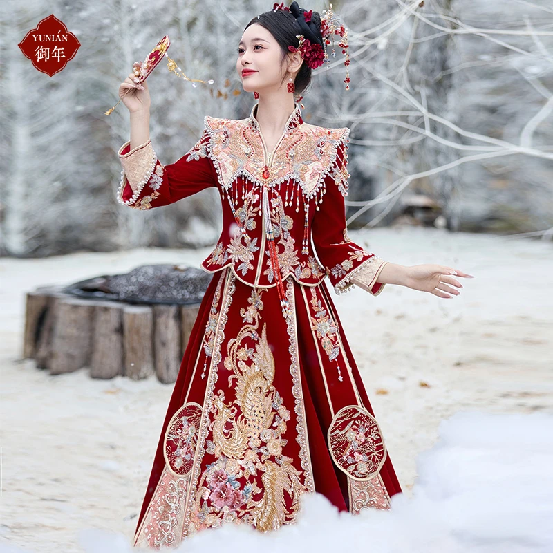 高级云肩冬季保暖丝绒新娘结婚嫁衣秀禾服2025新中式婚服敬酒出阁