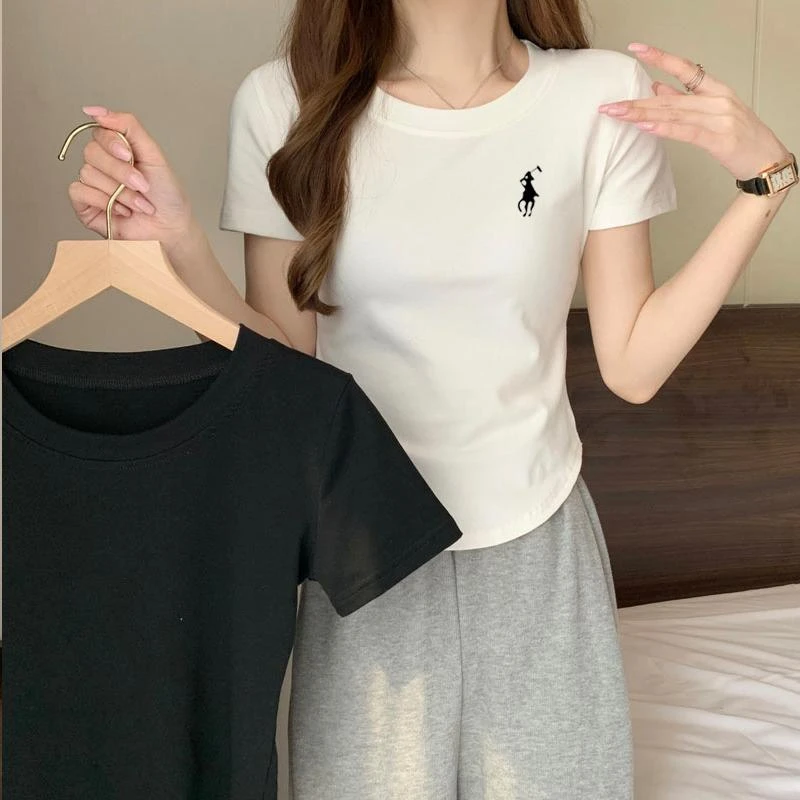 【小马标】下摆弧形圆领夏季短袖T恤女正肩百搭设计感修身显瘦上衣