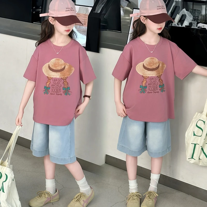 女童夏季套装2025新款洋气草帽印花短袖T儿童牛仔短裤休闲两件套