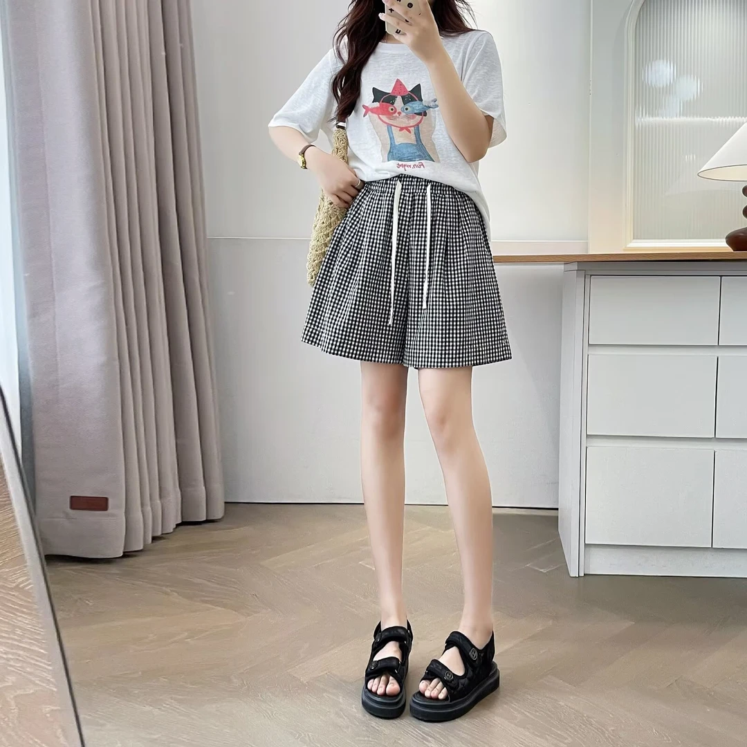 2025大码百搭夏季透气格子裙裤高腰短裤外穿裤子地雷系森系2549