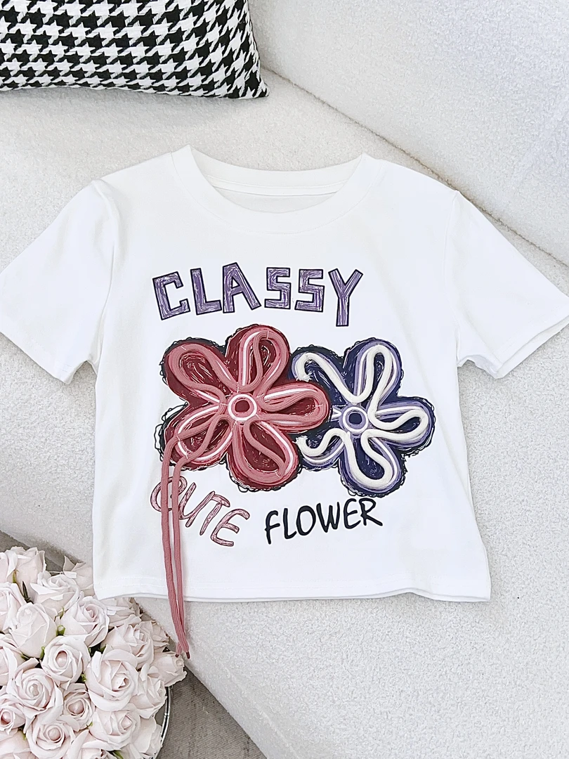 琳心丨夏季新款白色字母花朵印花短袖T恤 MDY192